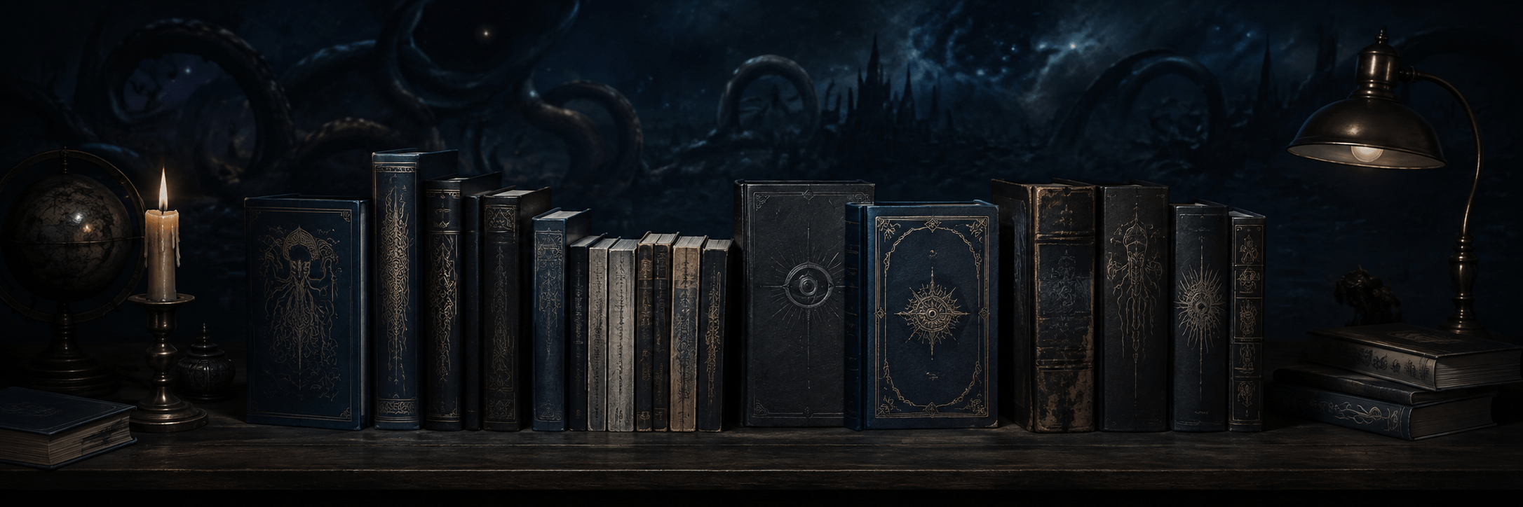 Dark shelf of H.P Lovecraft-inspired book collections under candlelight and cosmic shadows