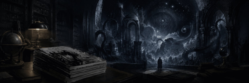 Gou Tanabe Lovecraft manga guide with books and cosmic horror imagery