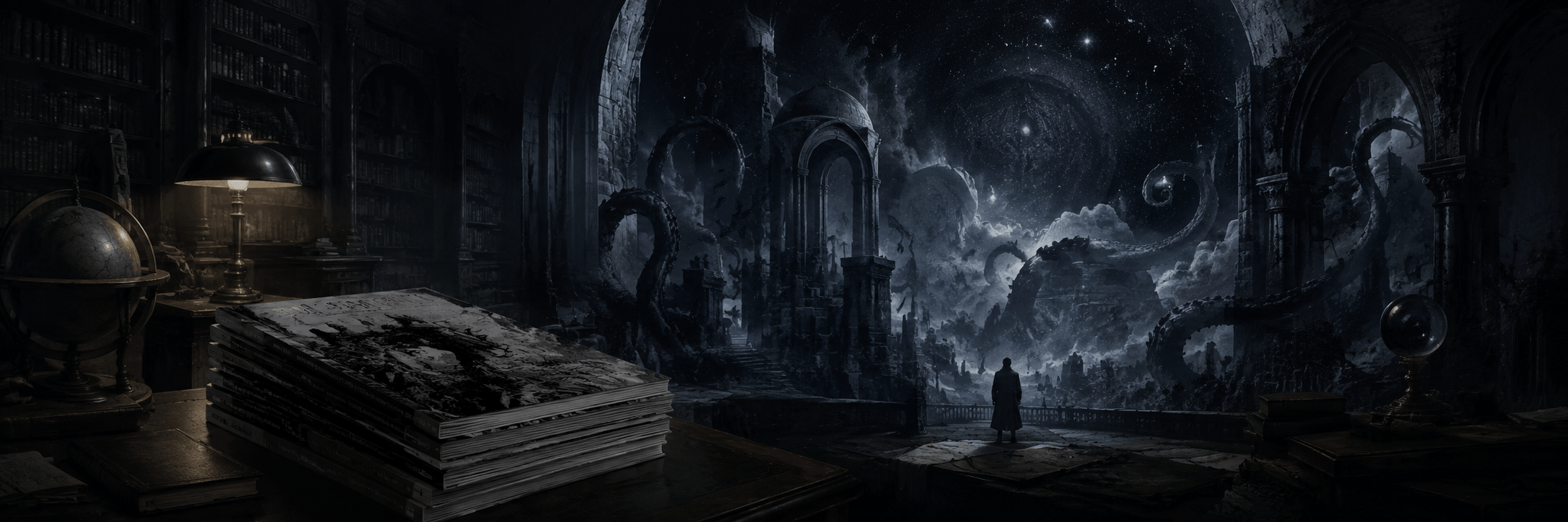 Gou Tanabe Lovecraft manga guide with books and cosmic horror imagery