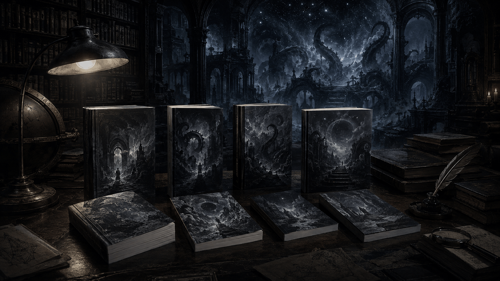Multiple dark manga-style books displayed in a gothic library with cosmic-horror imagery in the background.