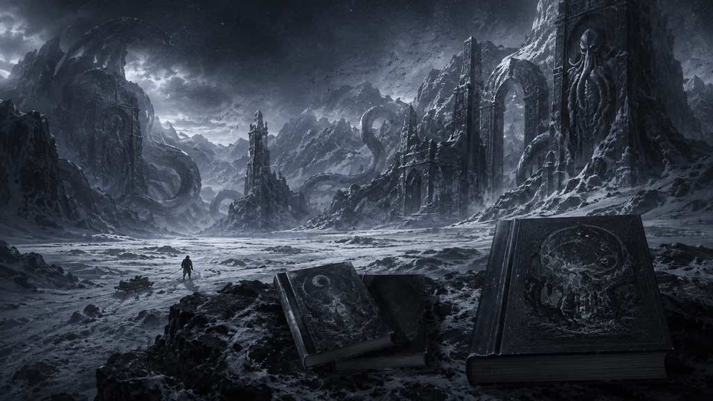 Antarctic ruins with two smaller books and one larger hardcover, representing different At the Mountains of Madness editions.