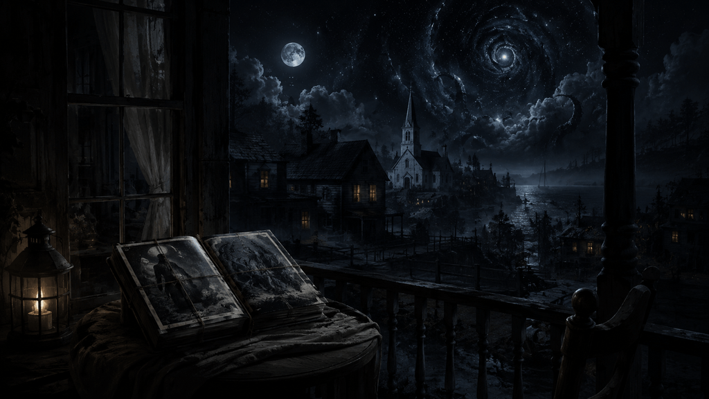 Dark coastal village under a cosmic night sky with two books waiting in the foreground, suggesting forthcoming releases.