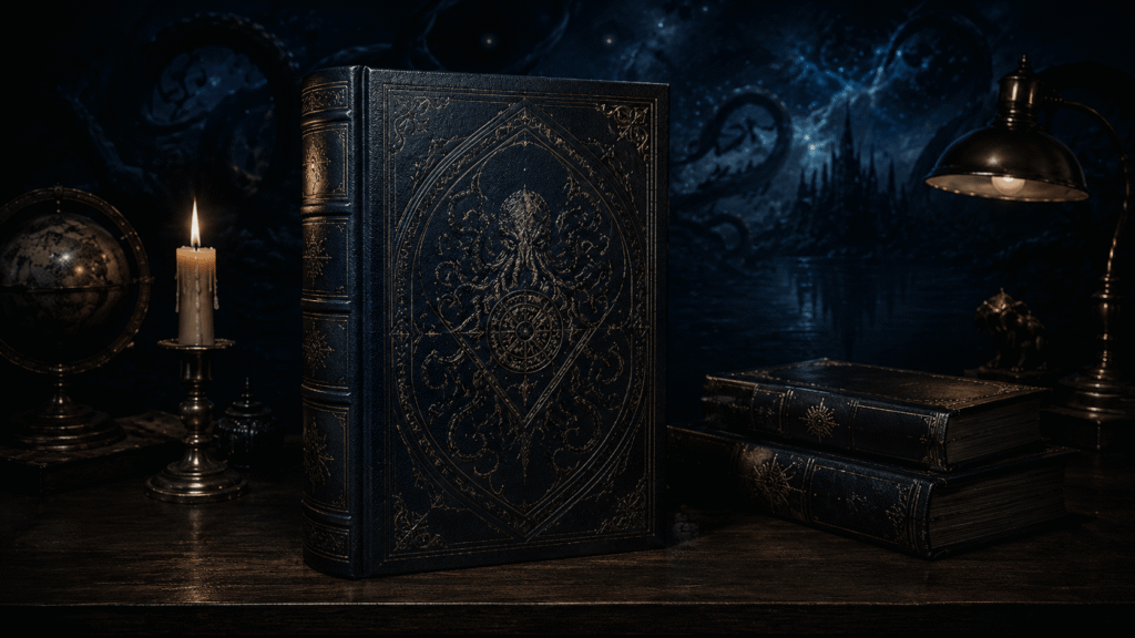 best H.P. Lovecraft collection _Large Lovecraft-inspired omnibus on a dark desk beside smaller books and candlelight