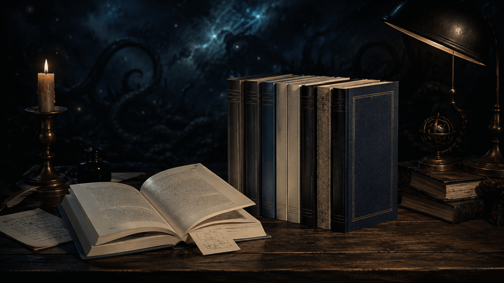 best H.P. Lovecraft collection _Open paperback beside a row of smaller Lovecraft-inspired volumes in a candlelit study