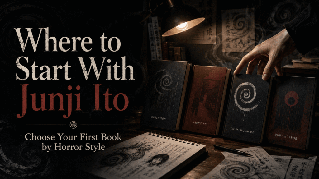 Reader choosing between horror books in a dark Japanese horror-inspired reading scene