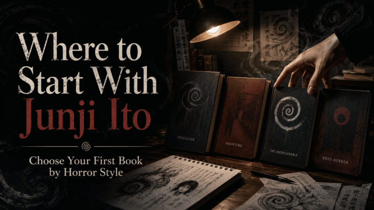 Reader choosing between horror books in a dark Japanese horror-inspired reading scene