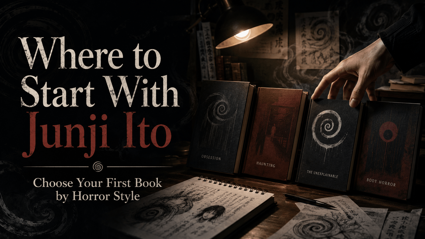 Reader choosing between horror books in a dark Japanese horror-inspired reading scene