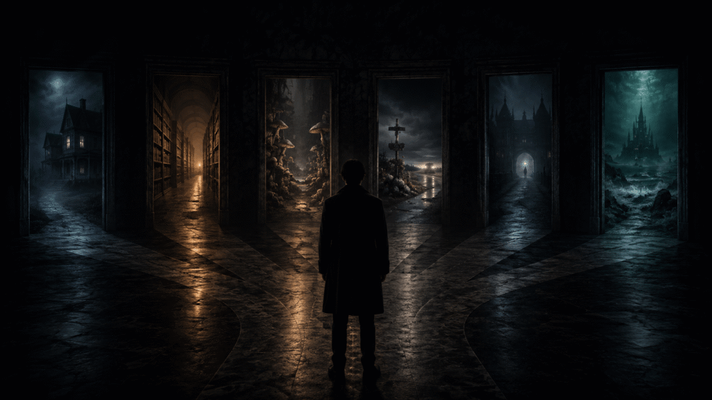 Best short horror books guide illustration of a reader facing eerie paths representing different horror experiences and choices.