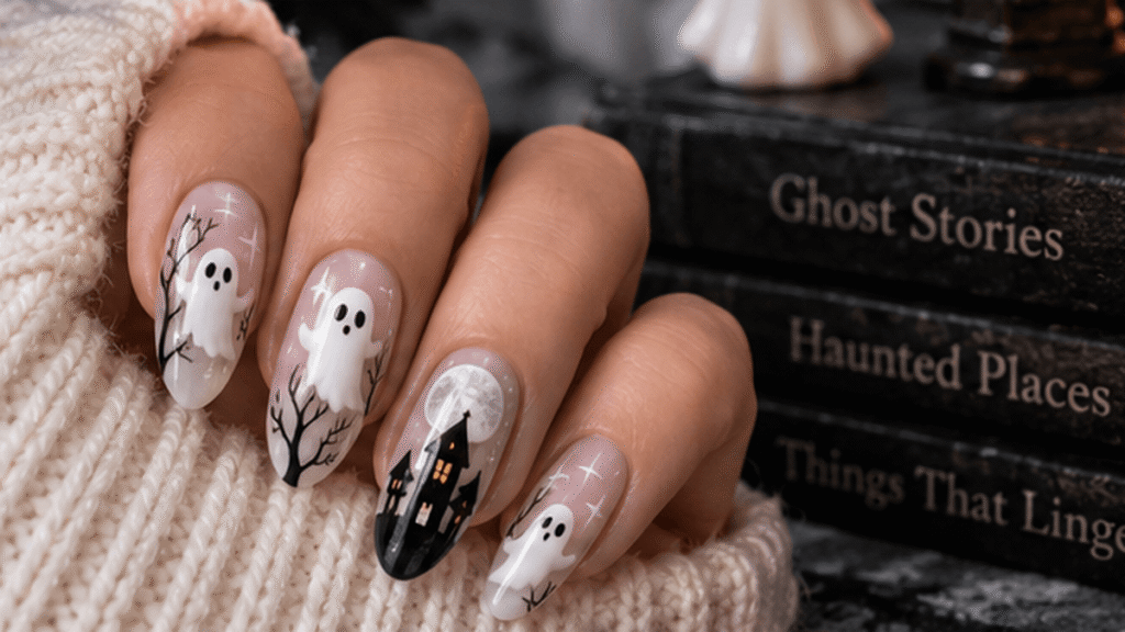 Ghostly Halloween nails with pale haunted designs, bare branches and eerie shadowed details.