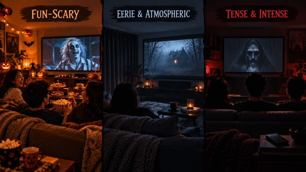Halloween movie night ideas comparing fun-scary, eerie and atmospheric, and tense and intense horror movie-night moods.