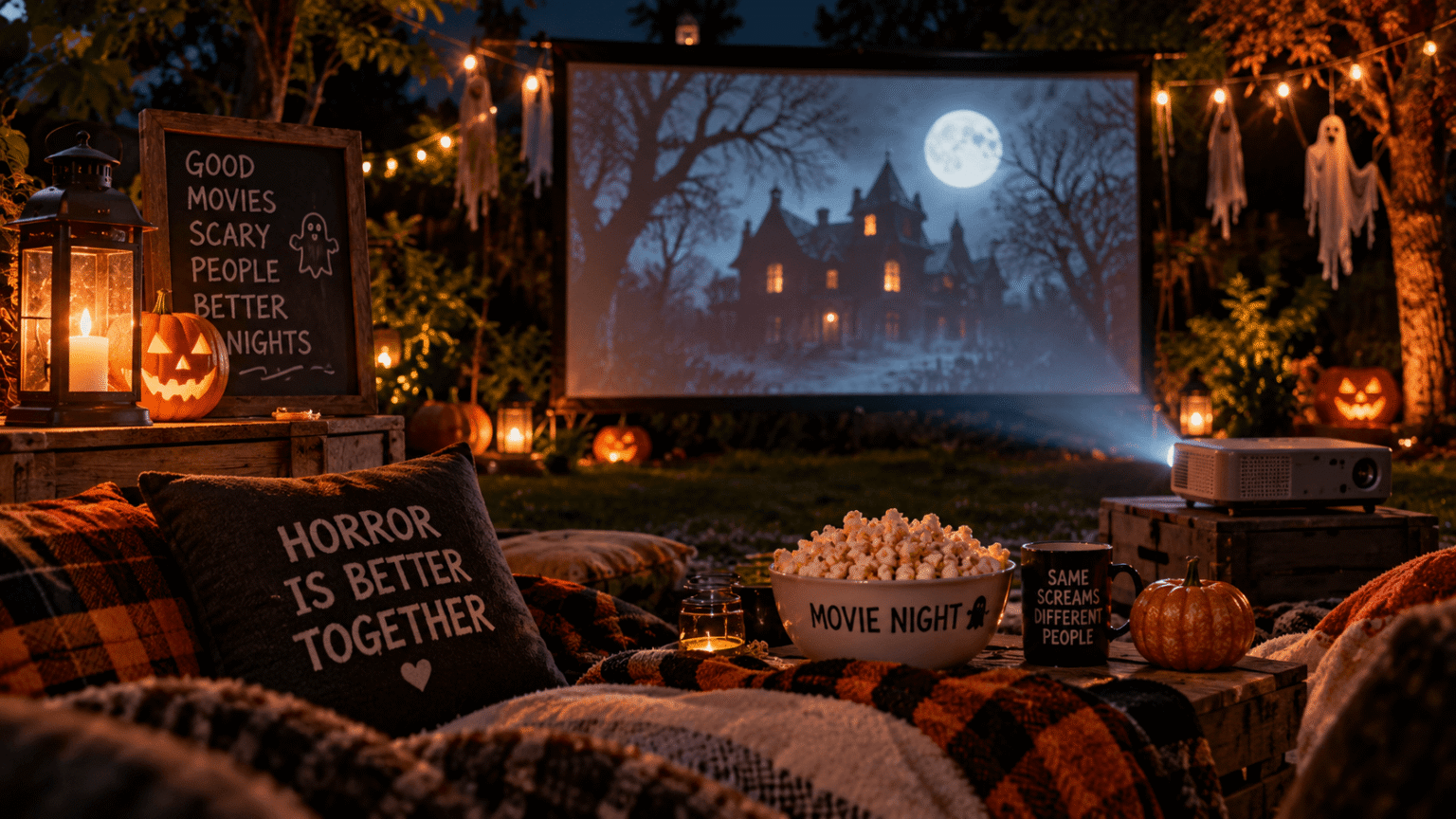 Halloween movie night ideas shown as a cozy outdoor screening with a projector, blankets, popcorn, pumpkins, lanterns and a moonlit horror movie.