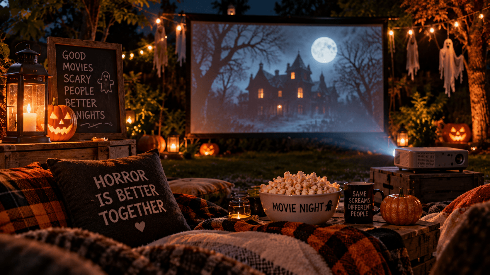 Halloween movie night ideas shown as a cozy outdoor screening with a projector, blankets, popcorn, pumpkins, lanterns and a moonlit horror movie.