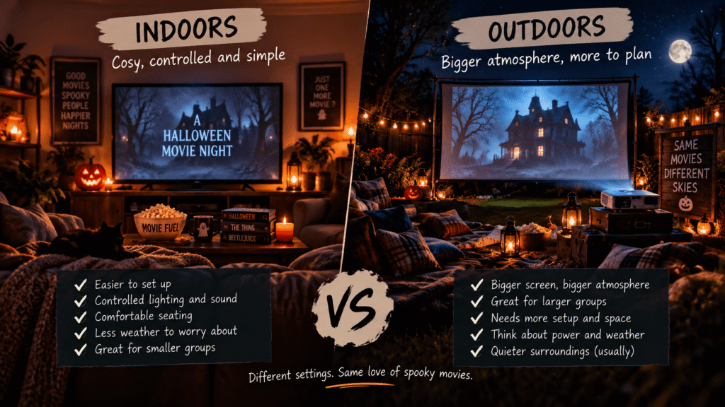 Halloween movie night ideas comparing an indoor TV setup with an outdoor projector screening, including comfort, lighting, group size, weather and setup needs.