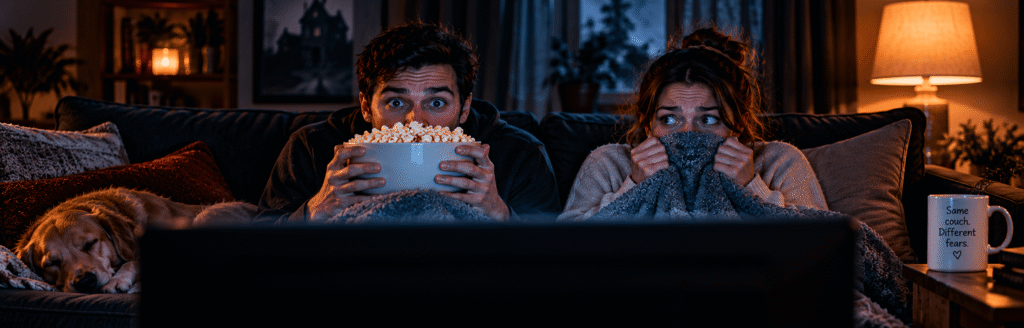 Horror movie night for two people with different scare tolerances trying to choose a film they can both enjoy.