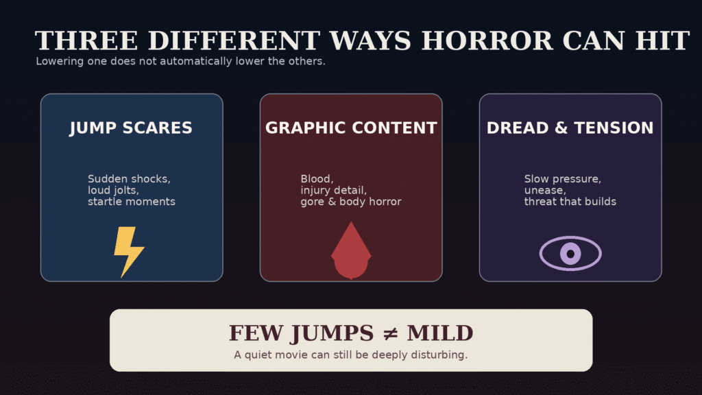 Jump scares, graphic content, and dread compared for viewers with different scare tolerances, showing that few jumps do not always mean mild horror.