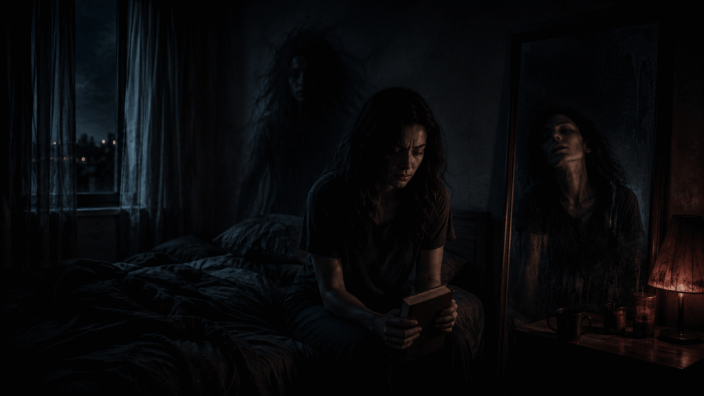 Possession-themed scene for a best short horror books guide, showing a woman with a book and an unsettling mirror reflection.
