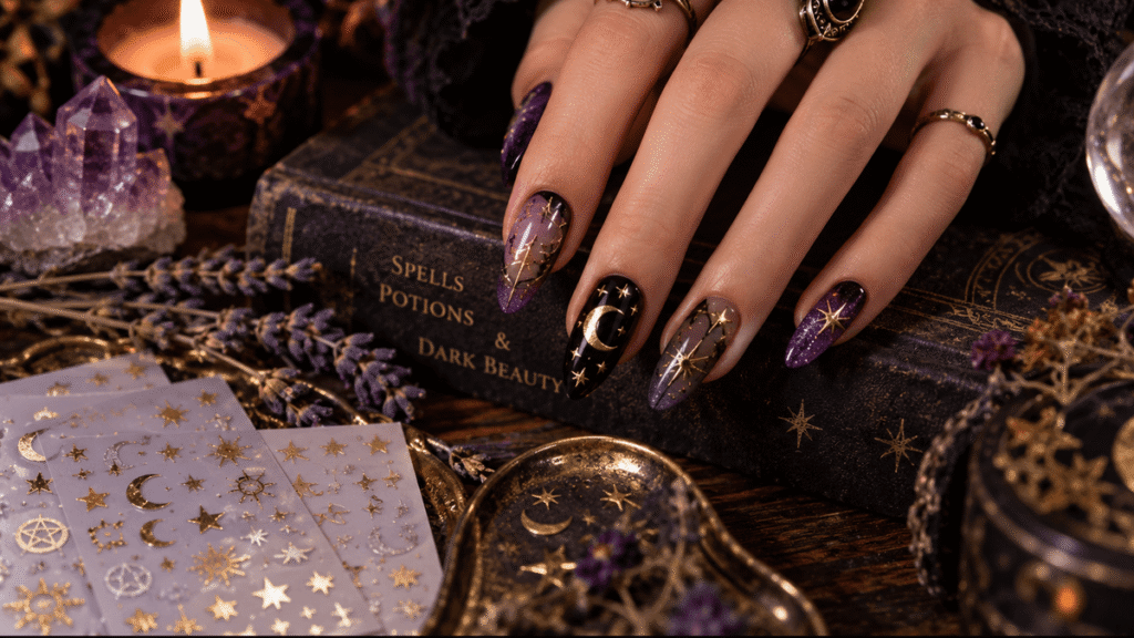 Witchy Halloween nails with black and purple polish, metallic moons, stars and celestial details.