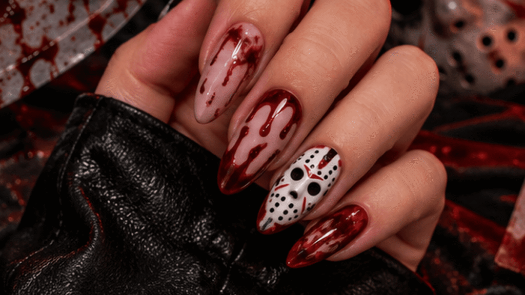 Slasher-inspired Halloween nails with dark red blood details, black accents and unsettling horror designs.