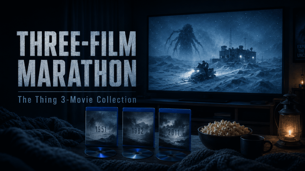 The Thing 4K vs Blu-ray article image showing a home theater set up for a three-film marathon with 1951, 1982 and 2011 Blu-ray cases.