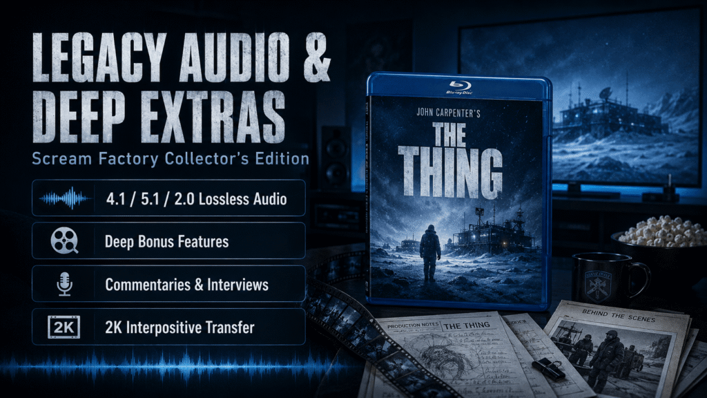 The Thing 4K vs Blu-ray supporting image highlighting the Scream Factory Collector's Edition with 4.1, 5.1 and 2.0 audio, deep extras and a 2K interpositive transfer.