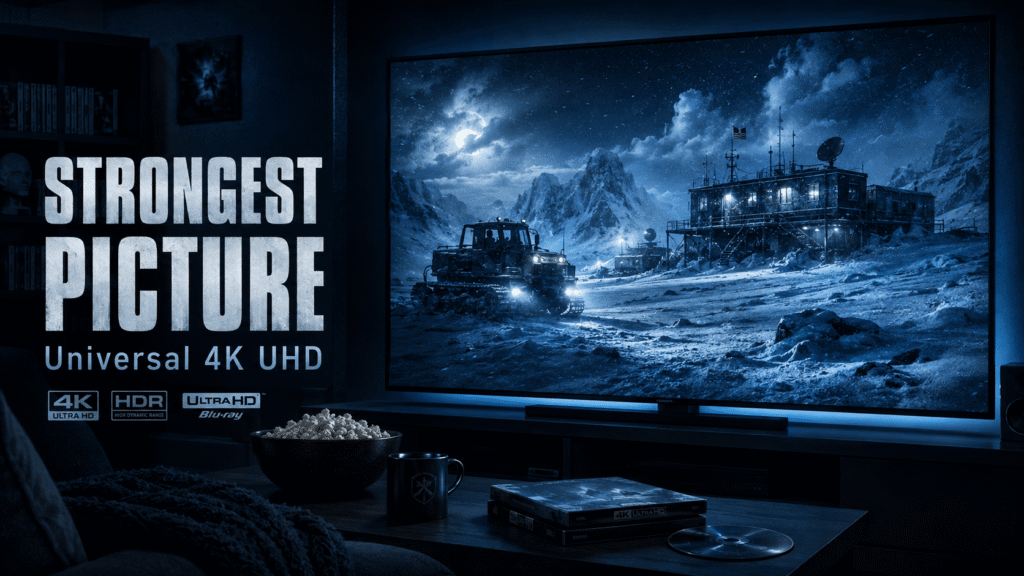 The Thing 4K vs Blu-ray picture-quality comparison shown through a home theater with a snowy Antarctic outpost and Universal 4K UHD presentation.