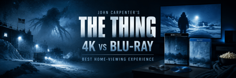 The Thing 4K vs Blu-ray home-viewing comparison with an Antarctic horror scene, 4K UHD and Blu-ray cases, and a home theater setup.