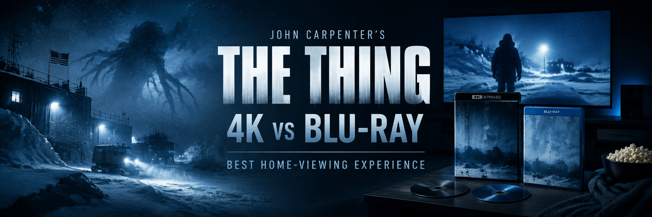 The Thing 4K vs Blu-ray home-viewing comparison with an Antarctic horror scene, 4K UHD and Blu-ray cases, and a home theater setup.