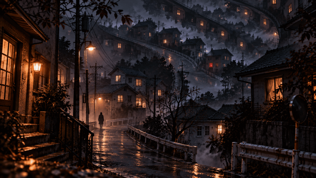 Foggy town with impossible streets and warm windows for books like Junji Ito