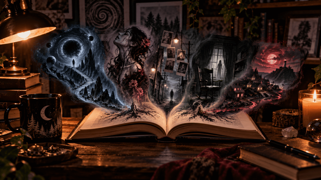 Open book revealing different horror worlds for readers choosing books like Junji Ito