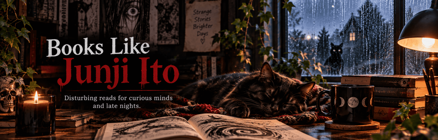 Books like Junji Ito horror reading scene with a black cat, books and rainy window