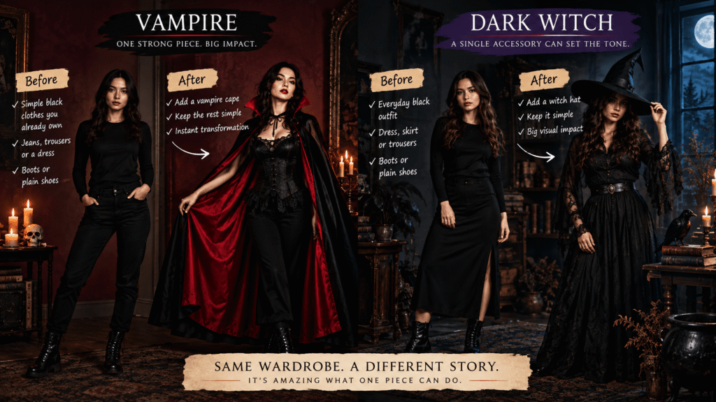 Vampire cape and witch hat transforming simple black clothing into scary costume looks