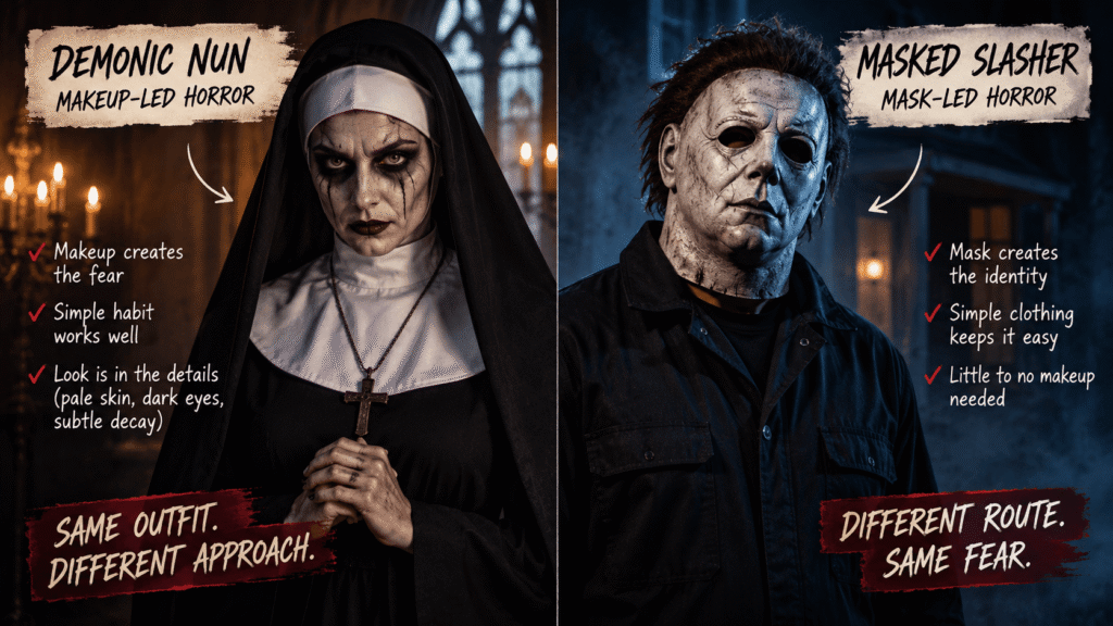 Demonic nun makeup and masked slasher showing makeup-led and mask-led scary costume approaches