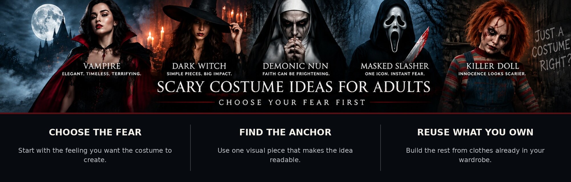 Scary Halloween costume ideas featuring vampire, dark witch, demonic nun, masked slasher and killer doll looks
