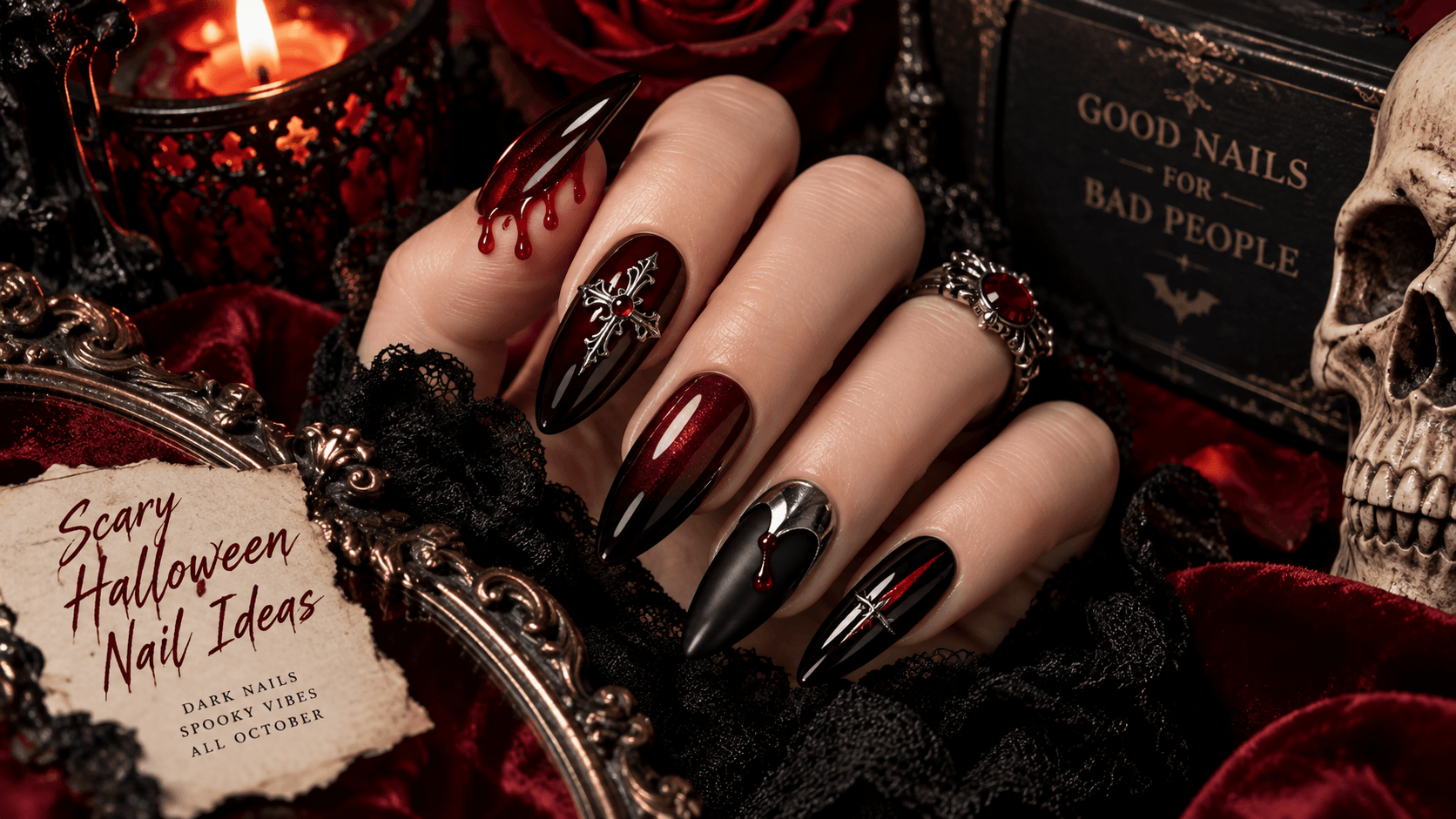 Scary Halloween nail ideas with black-cherry, oxblood and black vampire-gothic nails with silver accents.